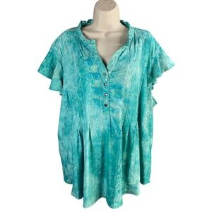 Cocomo Top 1X Button Up Embroidered‎ Sequin Short Sleeve Stretch Boho Chic Artsy